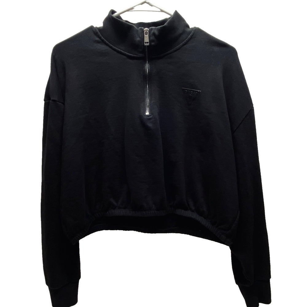 Guess Cropped 1/4 Zip Sweatshirt Women's Large Black Pullover Logo Activewear